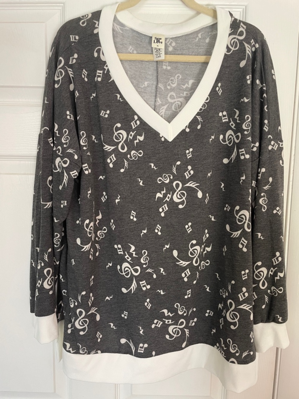 Sew In Love Gray V-Neck Musical Note Sweatshirt with White Trim